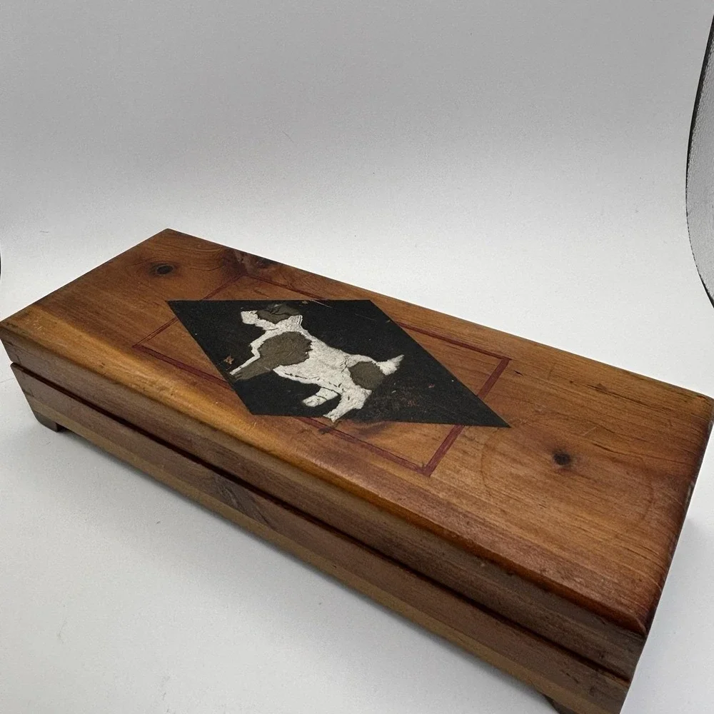 Vtg Wooden Jewelry / Trinket Box Dove Tail Joints Mirrored Dog Terrier HandPaint